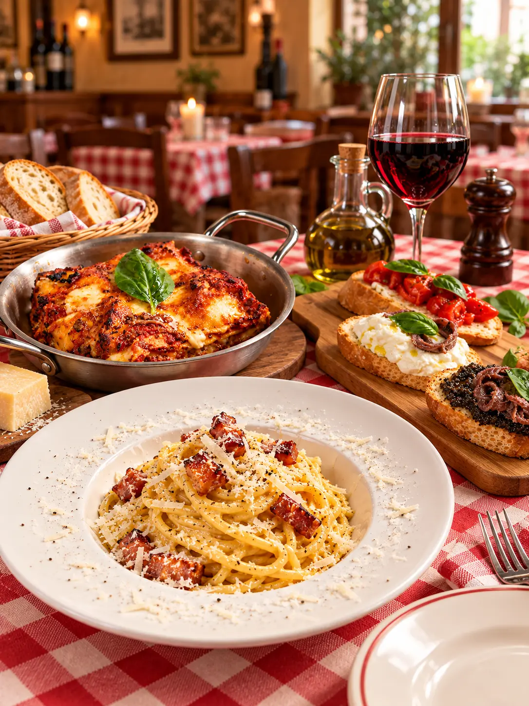 Italian dishes served on a red and white checked tablecloth